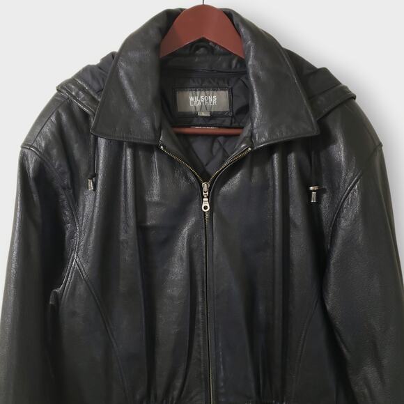 Vtg 80s Wilsons Leather Thinsulate Insulated Quilt Lined Hooded Coat Black Sz L - Picture 2 of 16